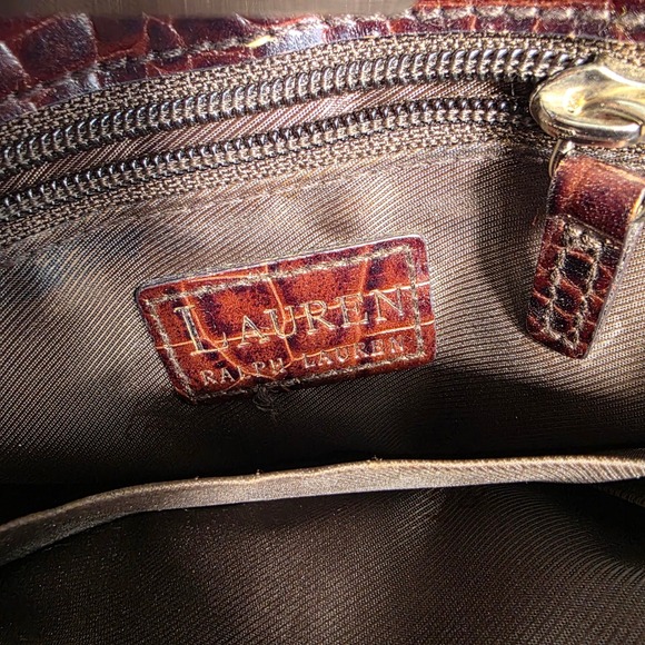 VTG Lauren Ralph Lauren Mini Purse Tote Bag Brown Croc Embossed Leather Small - Picture 8 of 12